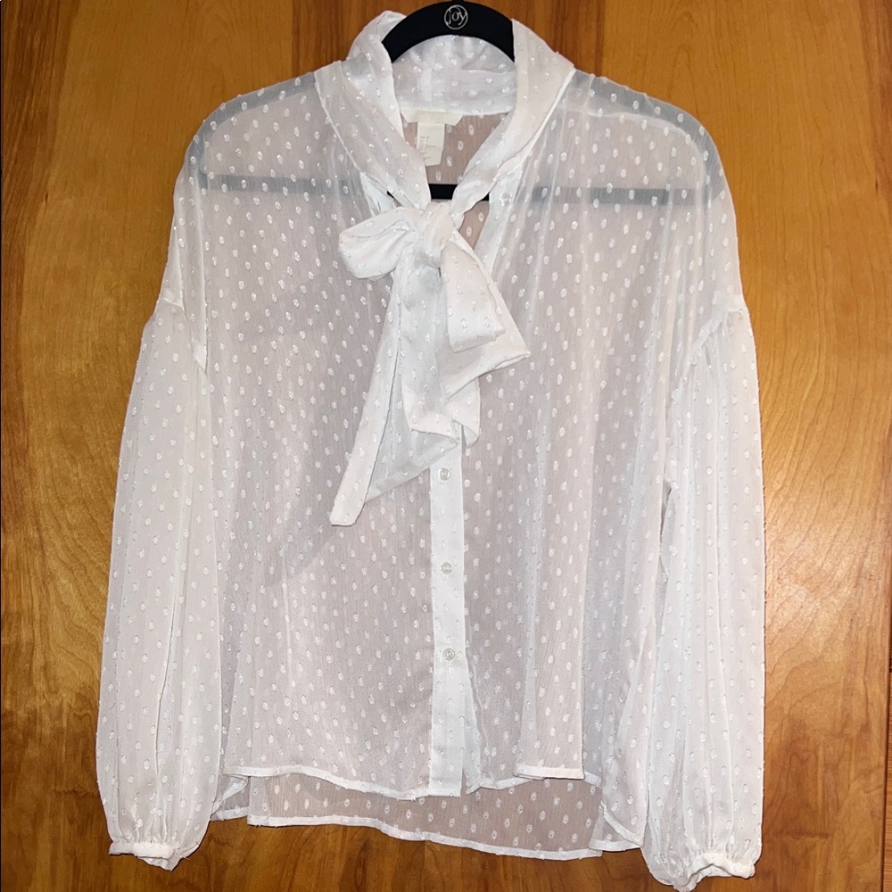 H&M White Sheer Blouse with Bow Detail